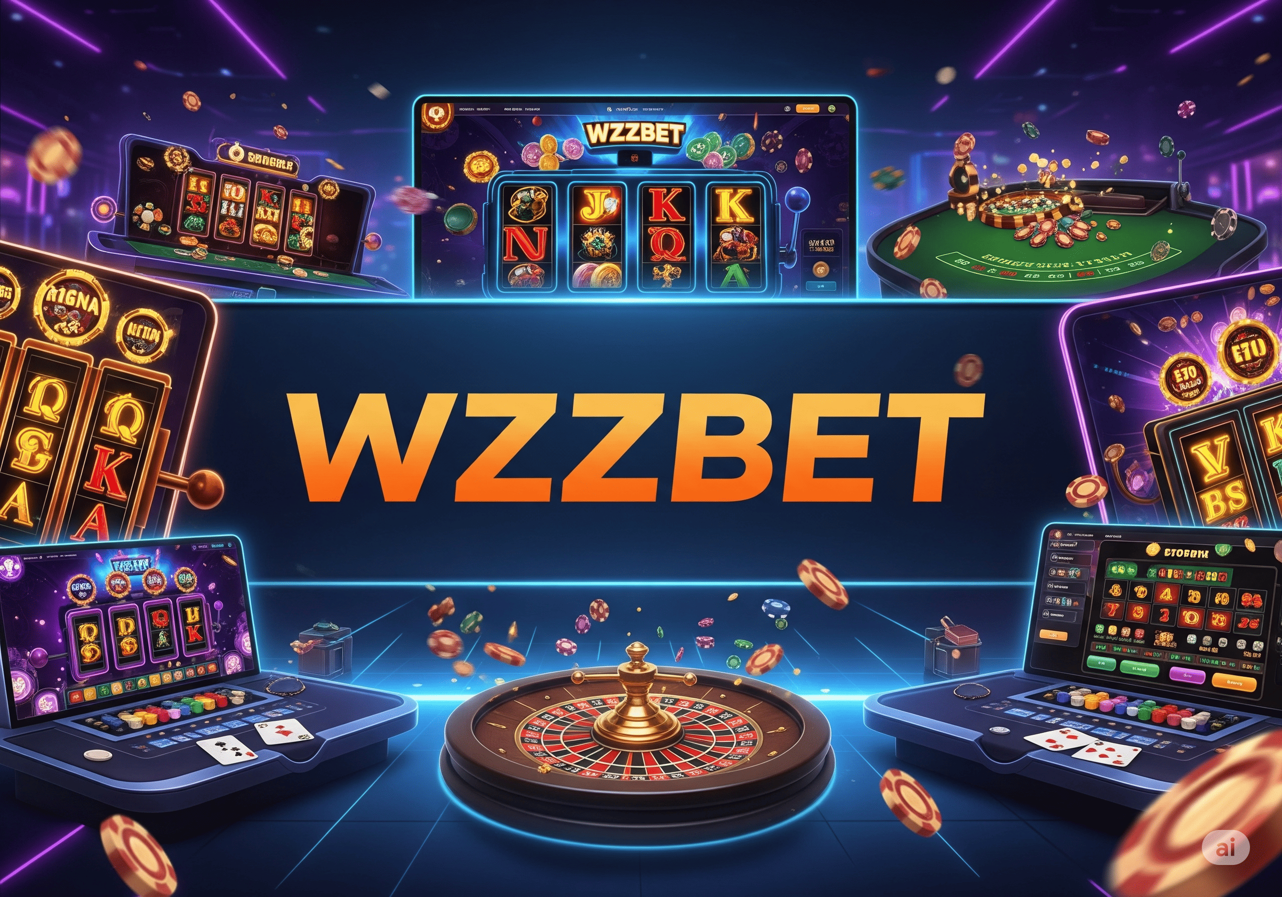 Dynamic montage of WZZBET gameplay including slots, live dealers, and sports betting